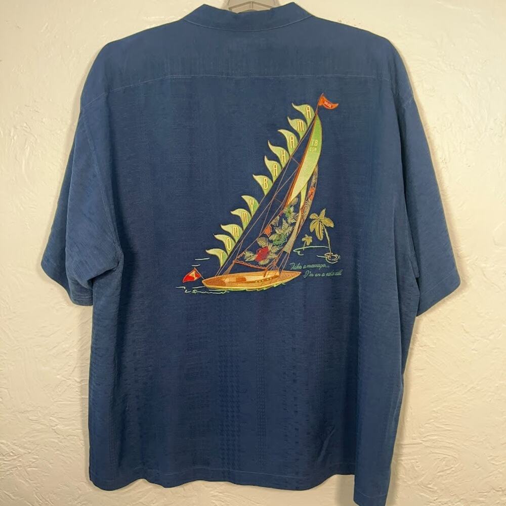 Tommy Bahama Take a Message Sails Call Silk Shirt 2XL Blue Embroidered